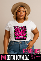 Bold Pink Cancer Survivor Ribbon with Roses & Butterflies – Awareness PNG