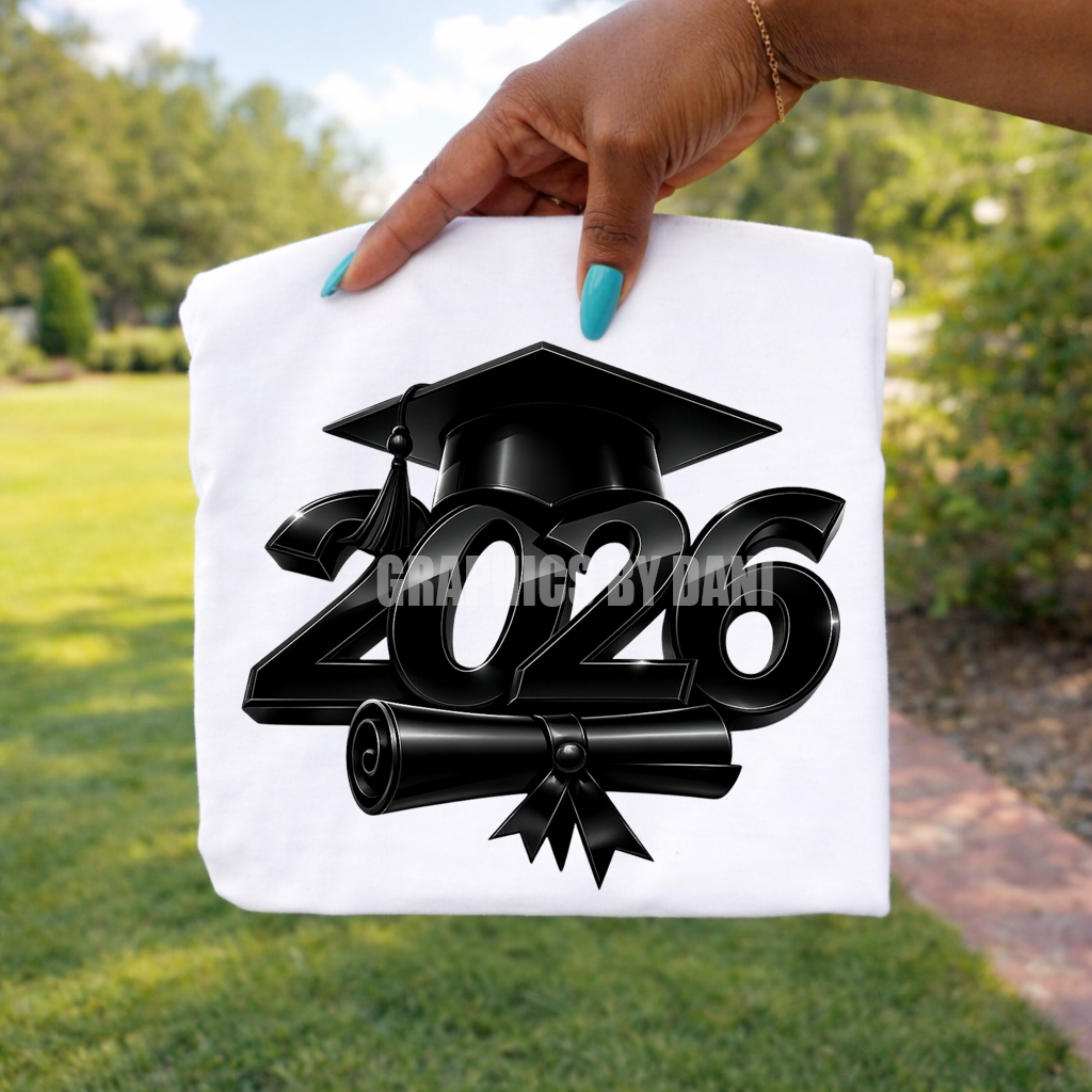 Class of 2026 Graduation Cap PNG | Bold Black Chrome Senior 2026 Design | Luxury Graduation Shirt & Party Favor Graphic | Commercial Use