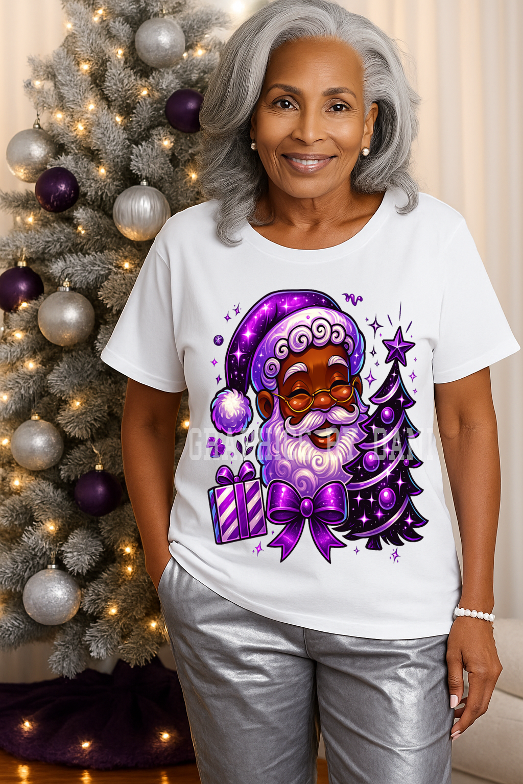 Purple Galaxy Black Santa Christmas PNG | Afro Santa Clipart | Sparkle Holiday T-Shirt Design | 300 DPI Transparent PNG