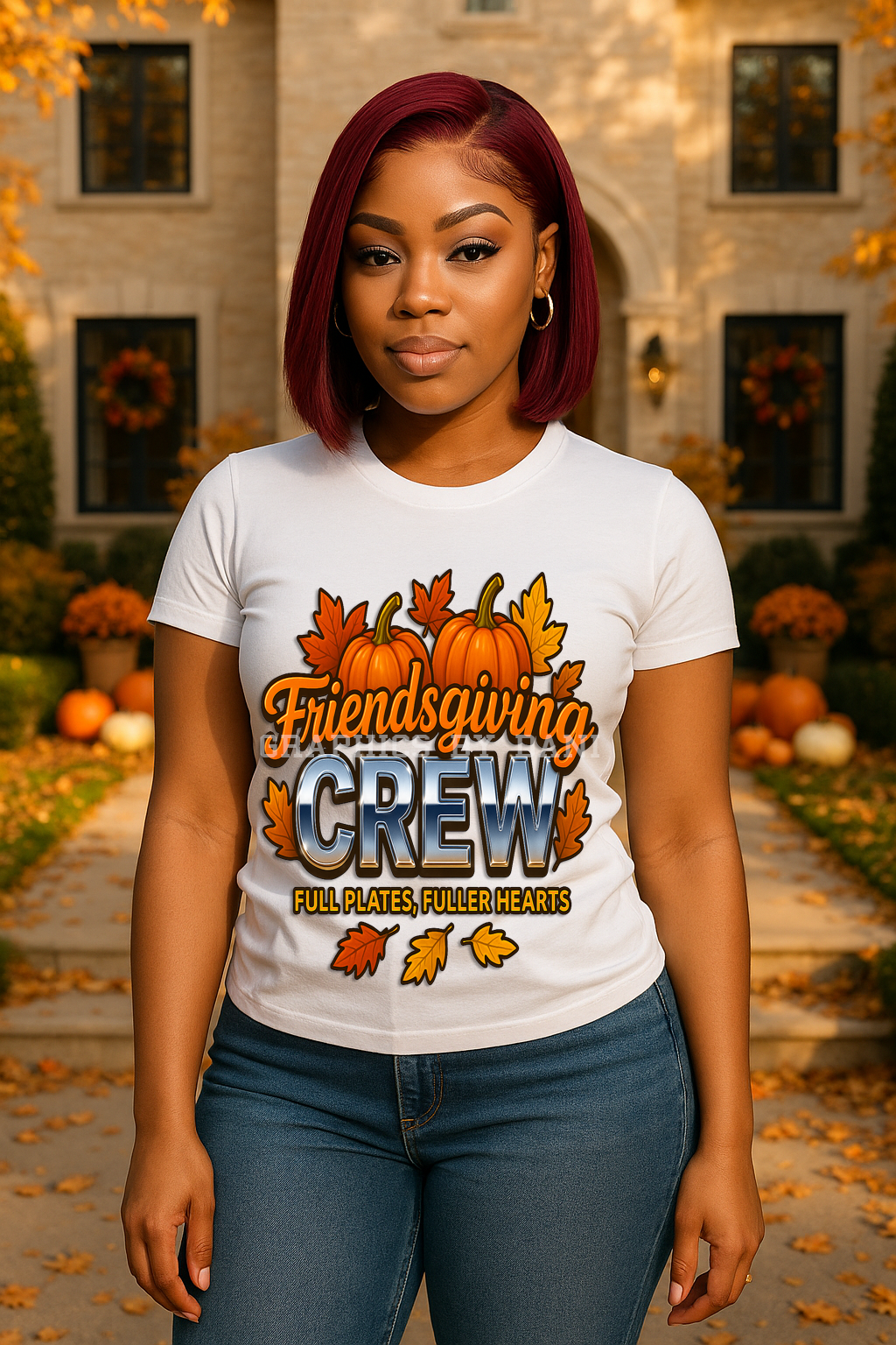 Friendsgiving Crew Fall T-Shirt PNG | Metallic Chrome Thanksgiving Shirt Design | Pumpkins & Leaves | Fall Family Matching Tee Graphic