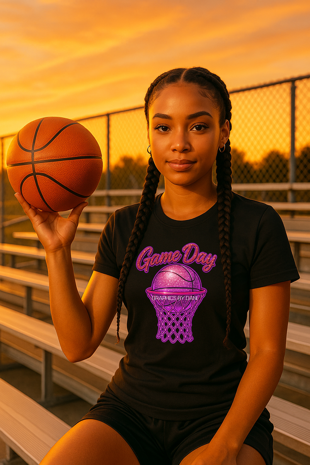 Game Day Basketball PNG – Purple Glossy Sparkle Design for DTF & Sublimation
