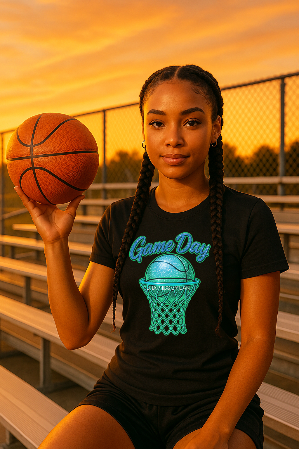 Game Day Basketball PNG – Teal Glossy Sparkle Design for DTF & Sublimation