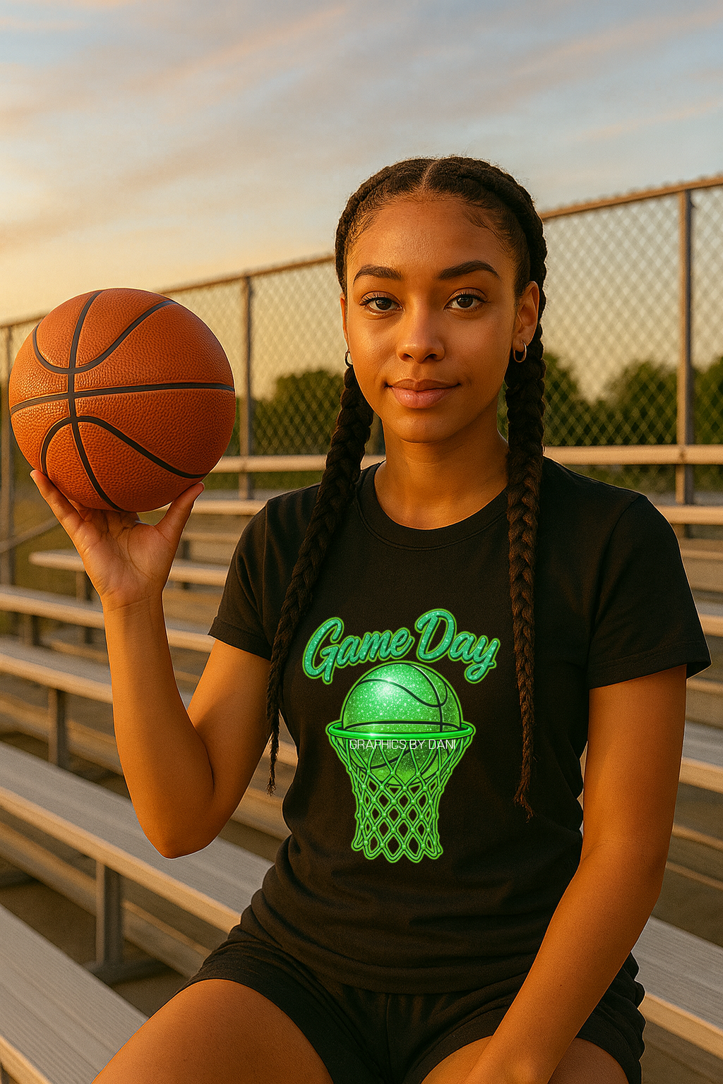 Game Day Basketball PNG – Neon Green Glossy Sparkle Design