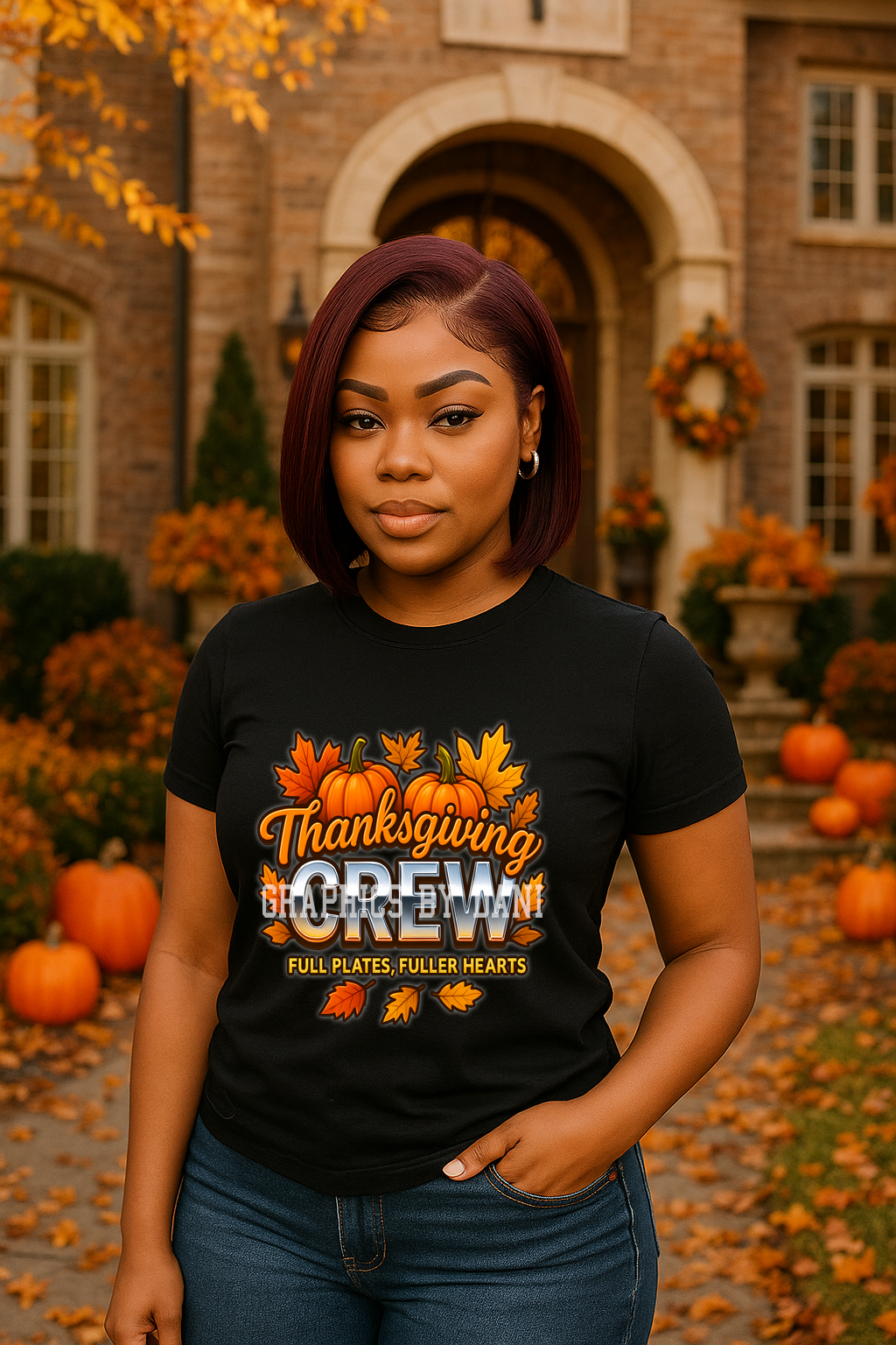 Thanksgiving Crew PNG | Metallic Chrome Fall Shirt Design | Pumpkins & Leaves | Fall Family Matching Shirt Sublimation PNG | 300 DPI Transparent