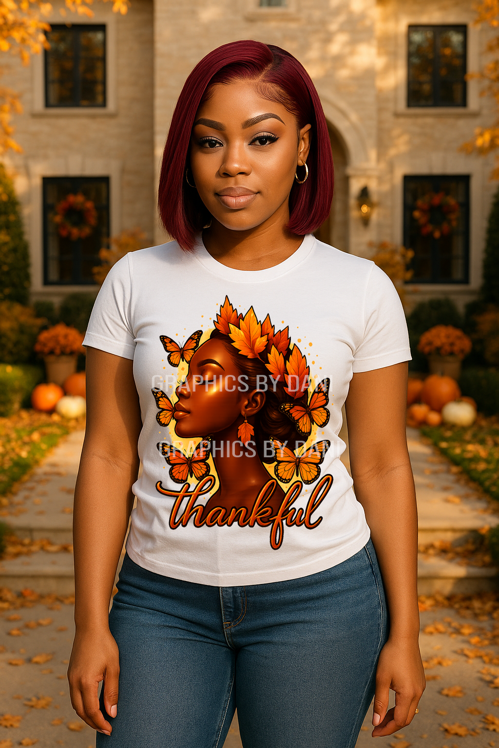 Thankful Fall Queen PNG – Glossy 2.5D Autumn Butterfly Woman Design (Digital Download Only)