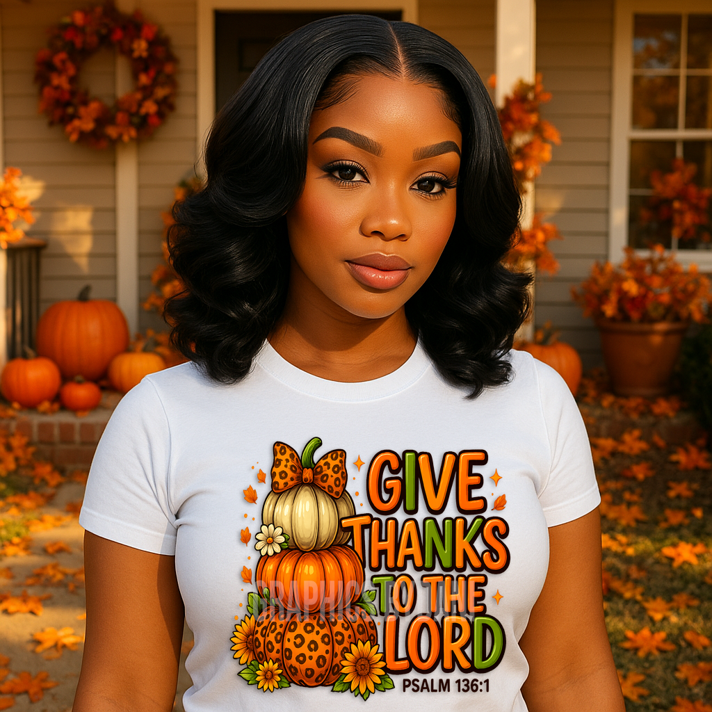 Give Thanks to the Lord Fall PNG | Leopard Pumpkin Stack | Psalm 136:1 Scripture Design
