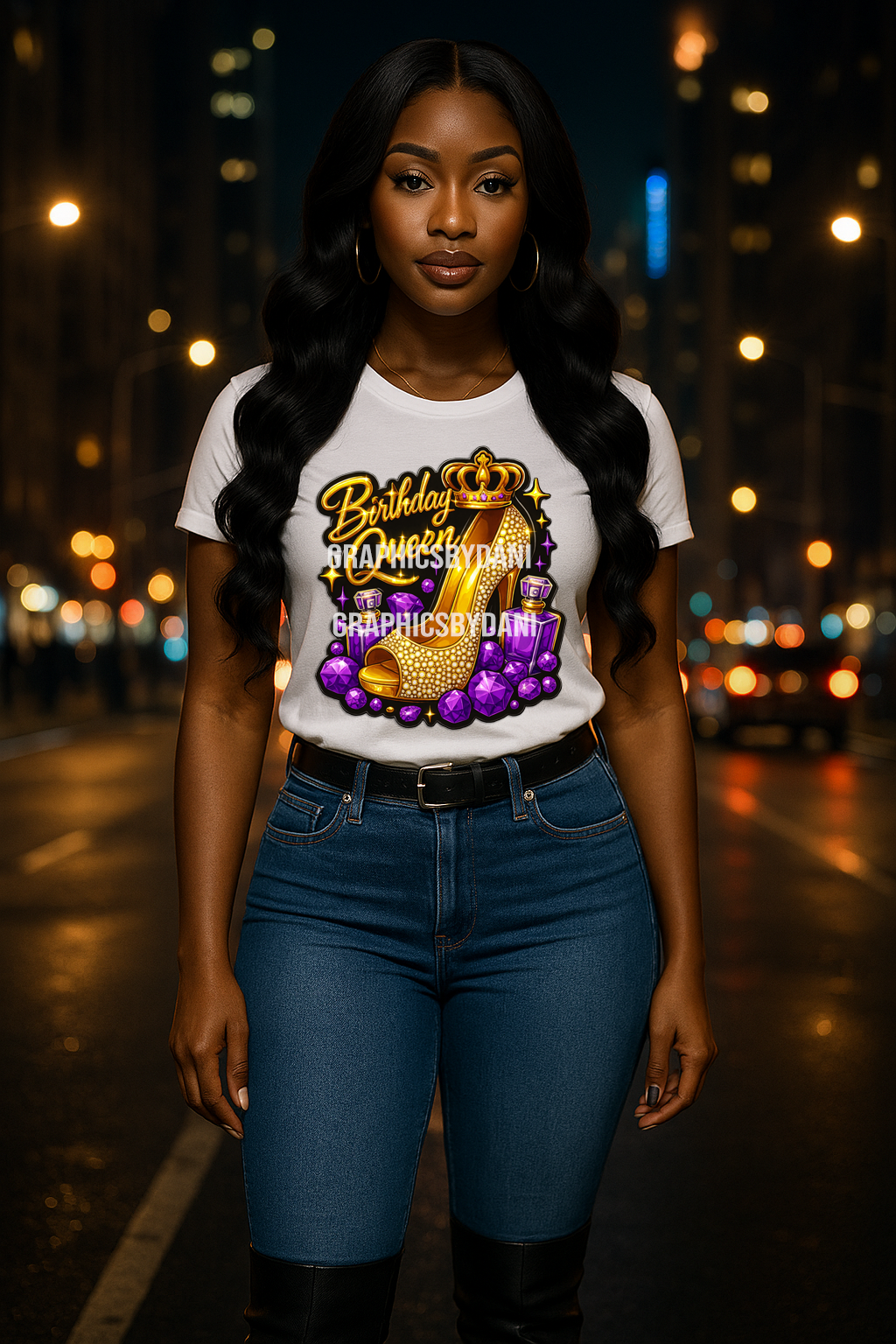 Birthday Queen PNG – Gold Heel, Purple Gems & Crown | Luxury Glam Birthday Shirt Design