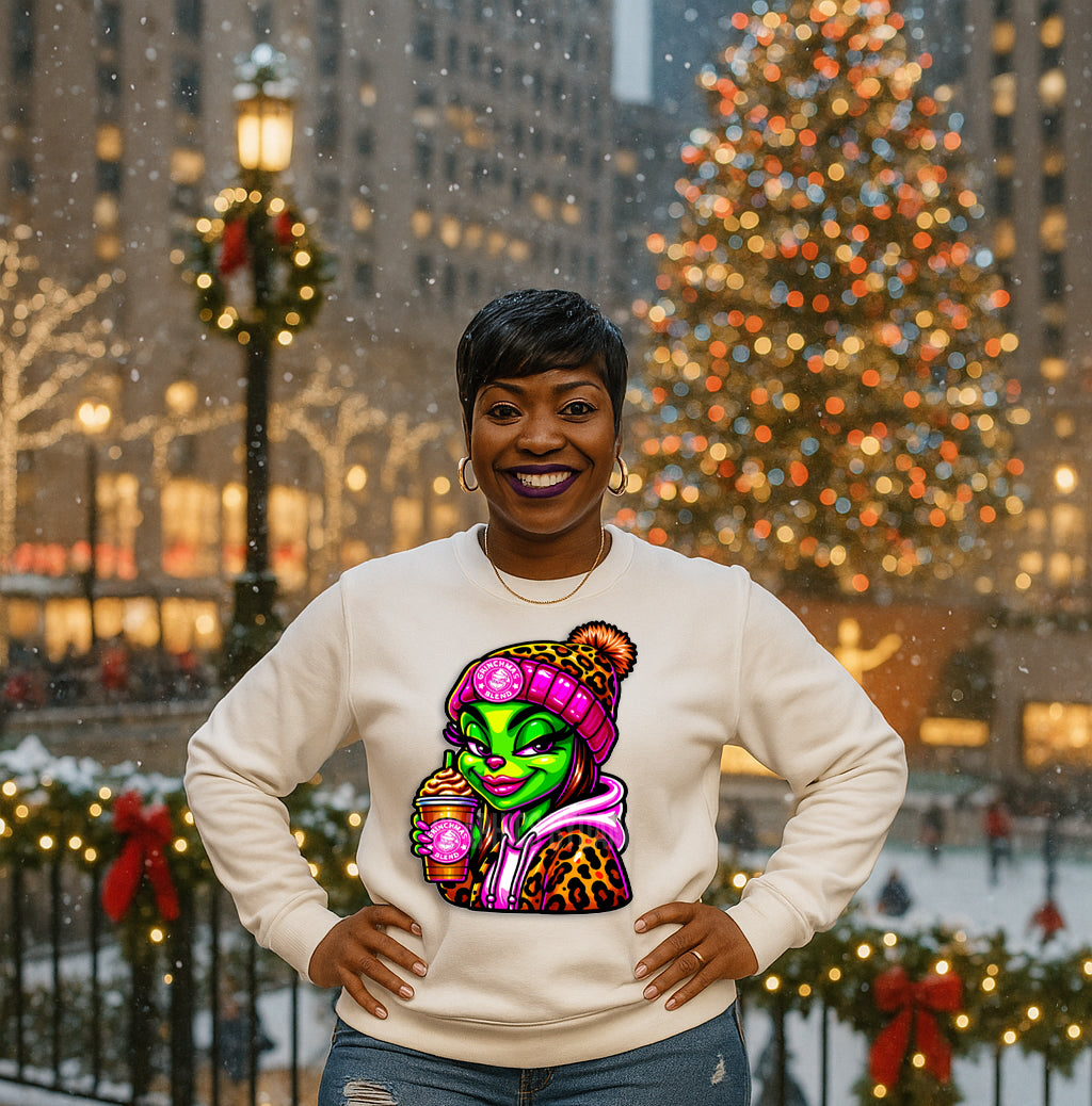 ✨ Grinchmas Blend Leopard Queen PNG – Bold, Glossy Christmas Coffee Girl Design