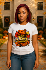 ✨ Fall for Jesus He Never Leaves – Vibrant Autumn Faith PNG Design