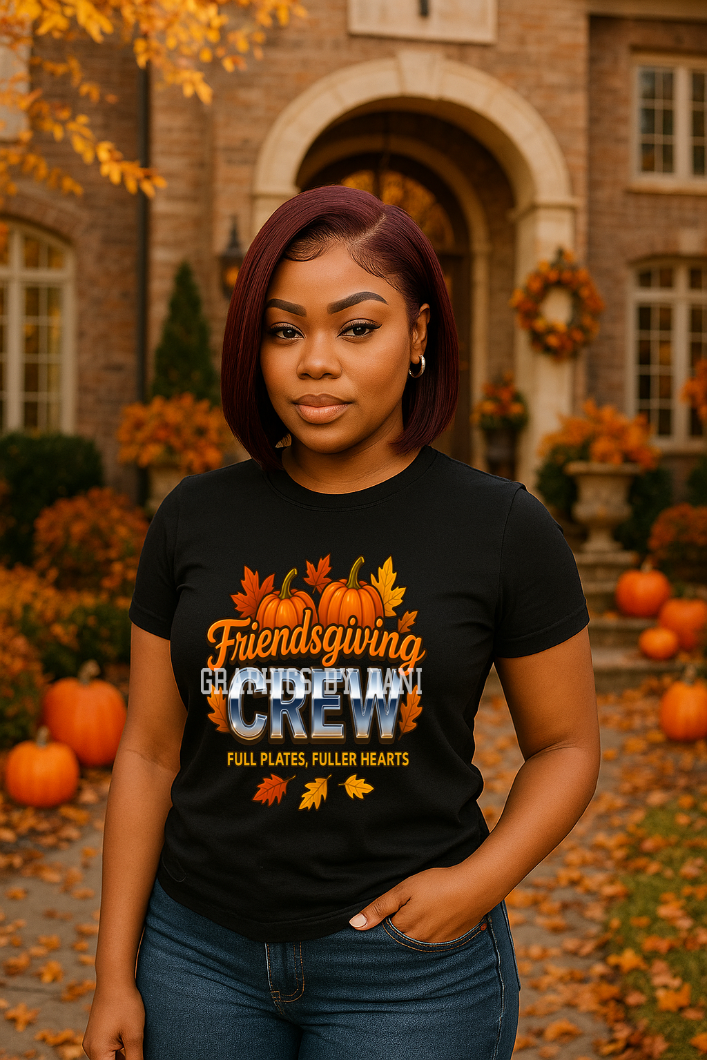 Friendsgiving Crew Fall T-Shirt PNG | Metallic Chrome Thanksgiving Shirt Design | Pumpkins & Leaves | Fall Family Matching Tee Graphic